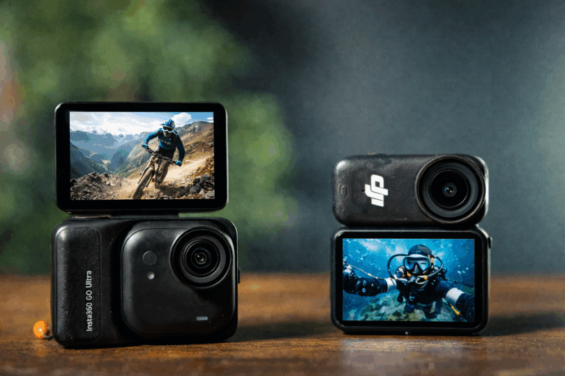 The image shows two action cameras placed on a wooden surface. The camera on the left has a screen displaying a person mountain biking on a rocky trail with mountains in the background. The camera on the right shows a screen with a person scuba diving underwater. Both cameras have lenses prominently visible, and the background is blurred.