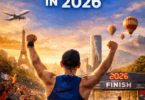 The image features a runner with raised arms approaching a finish line that reads "2026." The background includes a cheering crowd, the Eiffel Tower, hot air balloons, and a plane in the sky. The text at the top says "11 Reasons to Run a Marathon in 2026." The scene is set during a vibrant sunset.