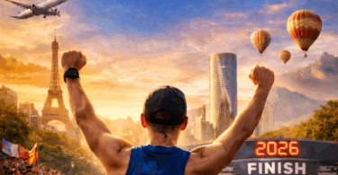 The image features a runner with raised arms approaching a finish line that reads "2026." The background includes a cheering crowd, the Eiffel Tower, hot air balloons, and a plane in the sky. The text at the top says "11 Reasons to Run a Marathon in 2026." The scene is set during a vibrant sunset.