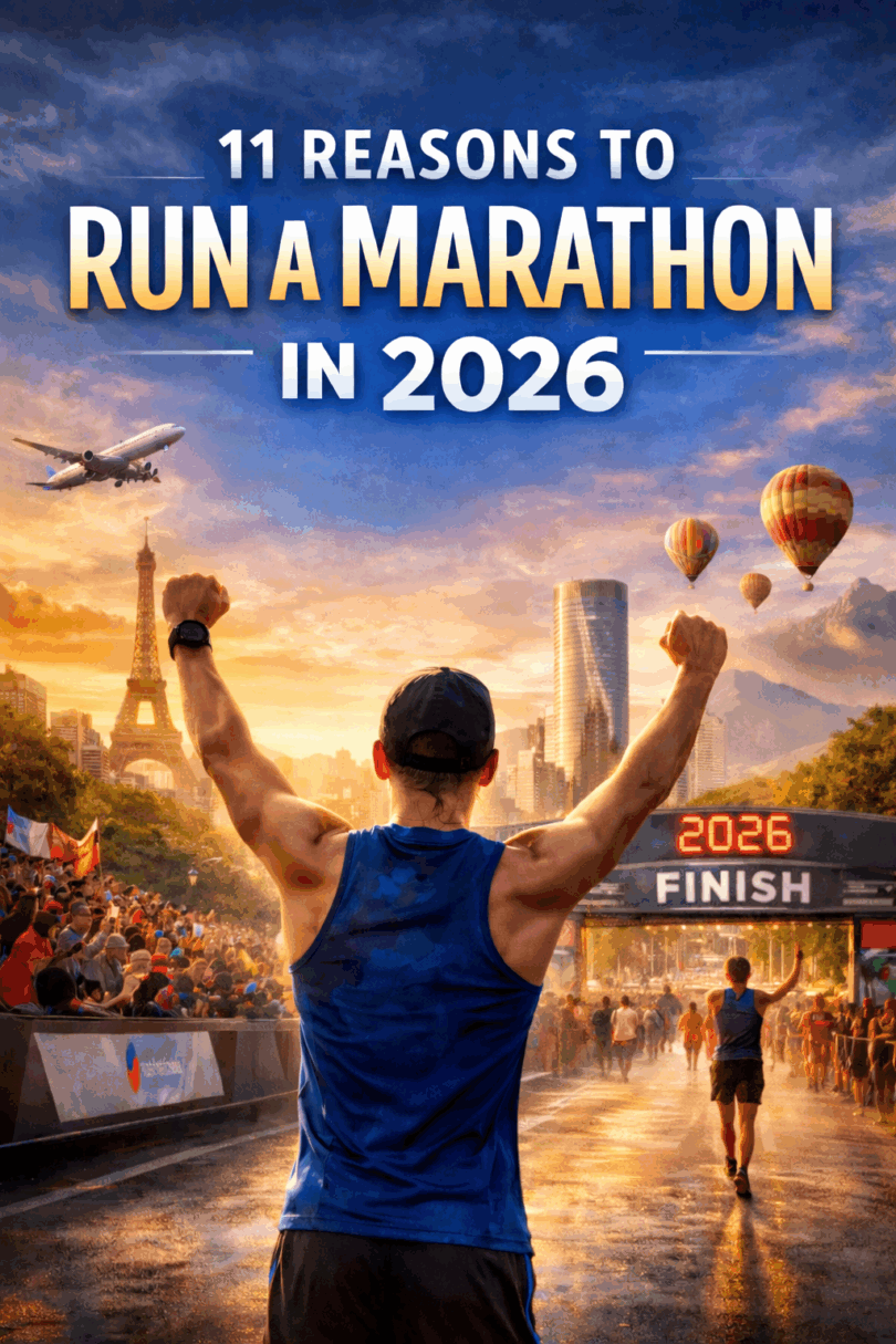 The image features a runner with raised arms approaching a finish line that reads "2026." The background includes a cheering crowd, the Eiffel Tower, hot air balloons, and a plane in the sky. The text at the top says "11 Reasons to Run a Marathon in 2026." The scene is set during a vibrant sunset.