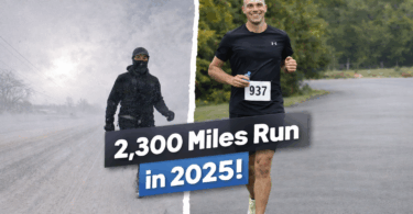 The image is split into two halves. The left side shows a person running in a snowy, winter environment, dressed in heavy winter clothing. The right side shows a person running on a clear road in a more temperate setting, wearing a black running outfit and a race bib numbered 937. Overlaid text reads "2,300 Miles Run in 2025!"