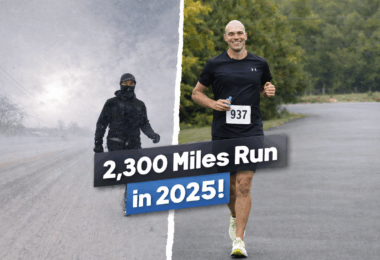 The image is split into two halves. The left side shows a person running in a snowy, winter environment, dressed in heavy winter clothing. The right side shows a person running on a clear road in a more temperate setting, wearing a black running outfit and a race bib numbered 937. Overlaid text reads "2,300 Miles Run in 2025!"