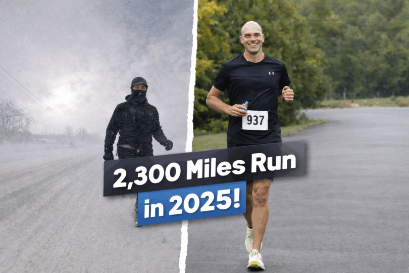 The image is split into two halves. The left side shows a person running in a snowy, winter environment, dressed in heavy winter clothing. The right side shows a person running on a clear road in a more temperate setting, wearing a black running outfit and a race bib numbered 937. Overlaid text reads "2,300 Miles Run in 2025!"