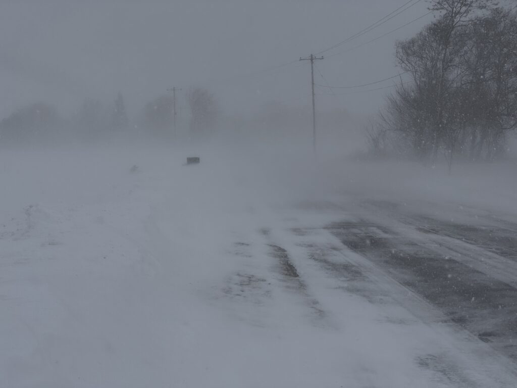 The image shows a snow-covered road during a snowstorm. Visibility is low due to blowing snow, and the sky is overcast. There are power lines and trees partially visible through the snow on the right side of the image. The scene appears cold and windy.